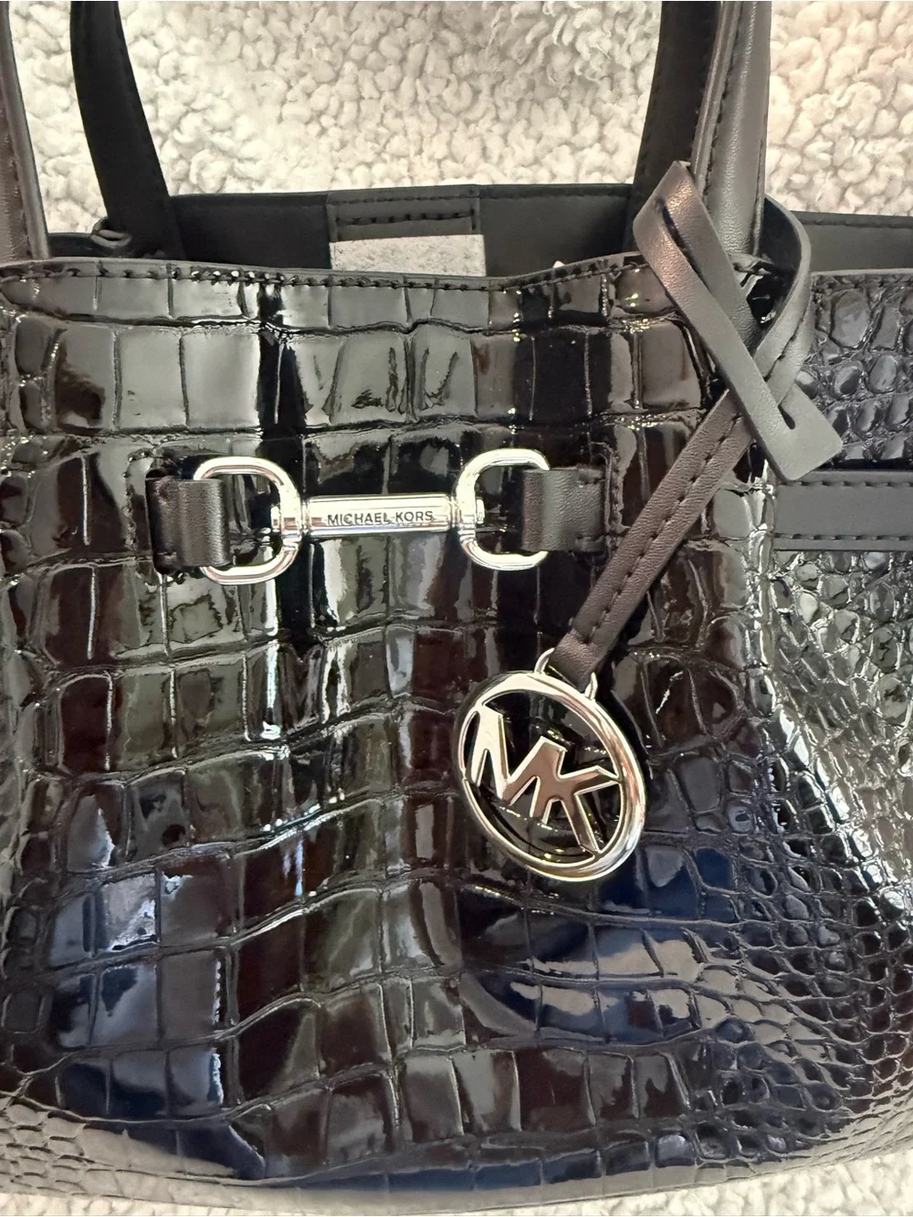 Michael Kors Black Patent Croc-Embossed Tote with MK Charm